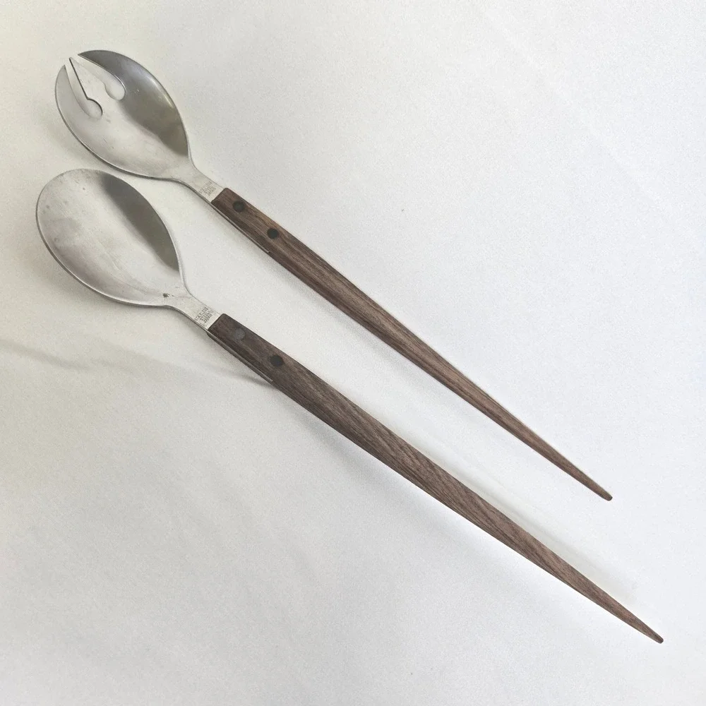 Pair of Stainless Steel Wood Handle Salad Servers Japan MCM Danish Style Vtg 13